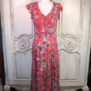 Scoop Lovely Feminine V Neck Button Front Ruffle Sleeve Back Cutout Maxi Dress